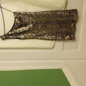 Aqua sequin cocktail dress, size medium, gold and black, one shoulder.